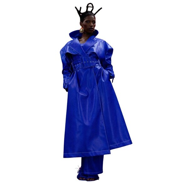 Kai Jackets & Blazers - KAI Emani Faux Croc Leather Exaggerated Trench Coat - Sapphire Blue Medium